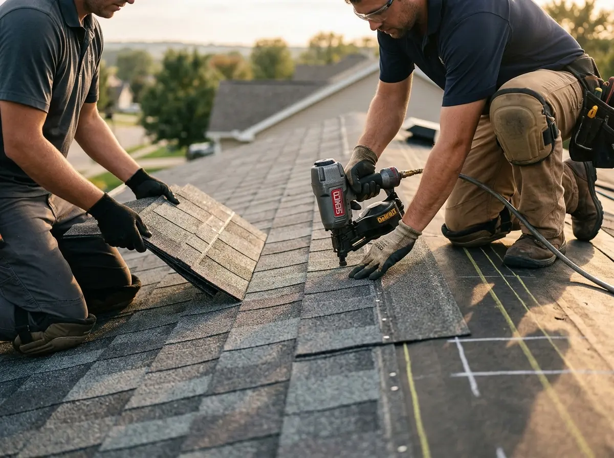 Professional roofer working on a residential roof in Weston